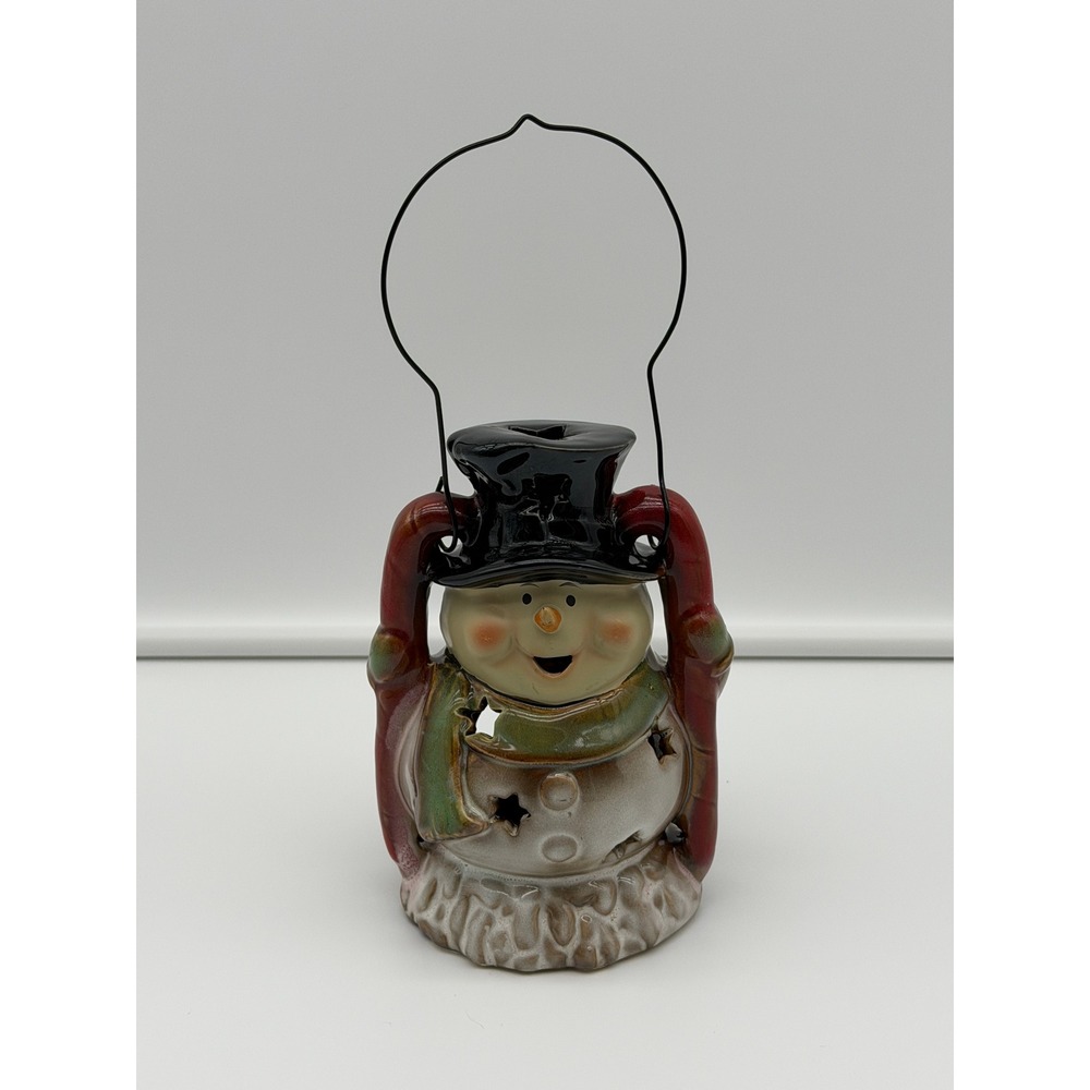 Ceramic Snowman Tea Light Candle Holder Lantern with Wire Handle Holiday Decor